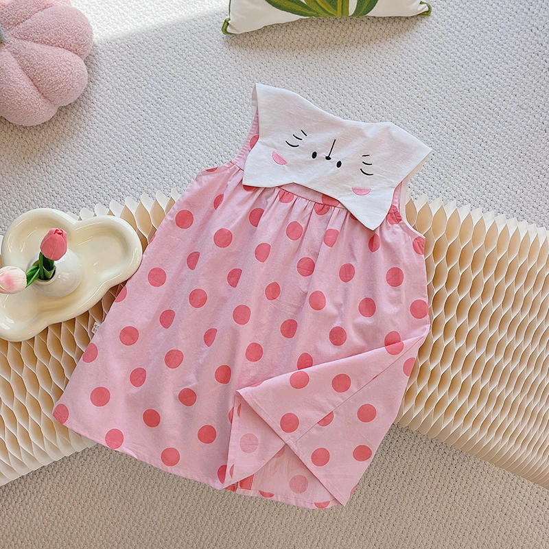 女童夏季娃娃领连衣裙2024新款女宝宝猫咪圆点翻领背心公主裙韩版