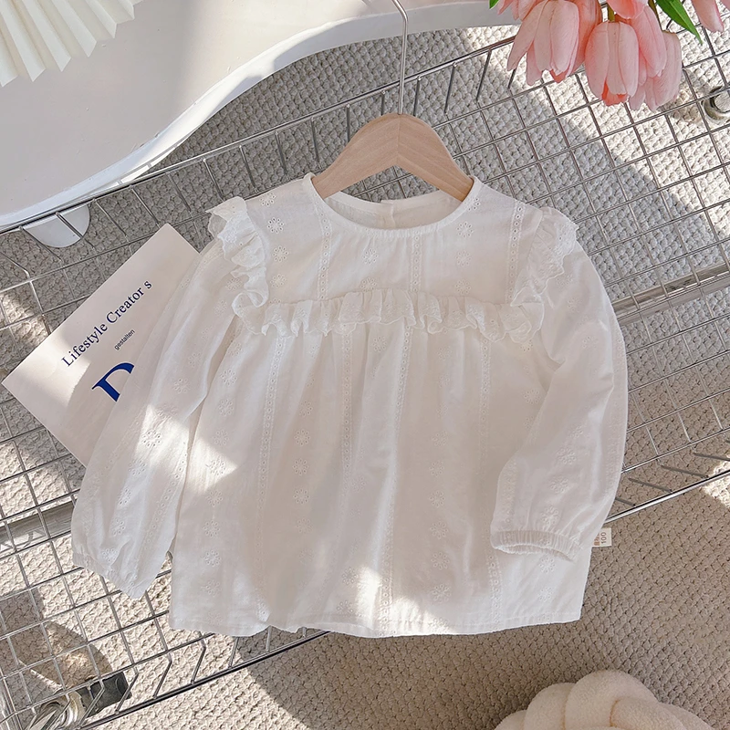 4新款纯棉女童衬衫衬衣春秋长袖镂空蕾丝花边飞袖上衣圆领甜美B27