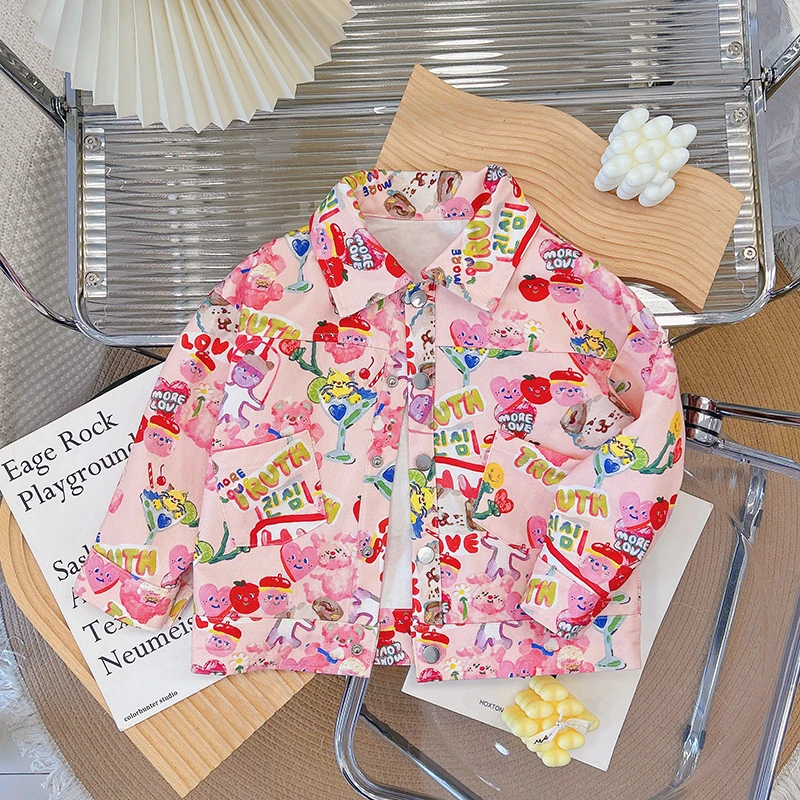 春秋新款纯棉儿童外套长袖休闲洋气宝宝印花卡通时尚男童女童A56