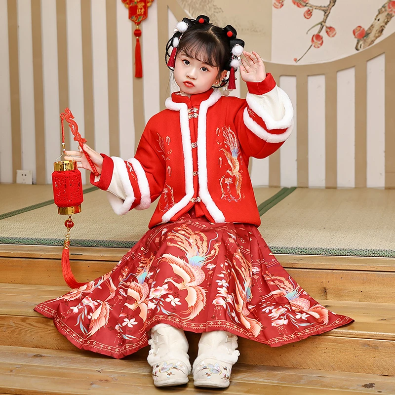 中大童汉服女12-15岁加绒加厚女童装2024古装中国风唐装马面裙套