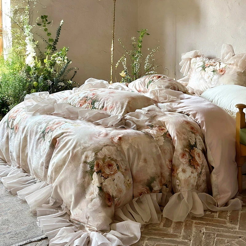 高端系列家纺法式浪漫花卉天丝棉四件套春夏季凉感复古风印染丝滑