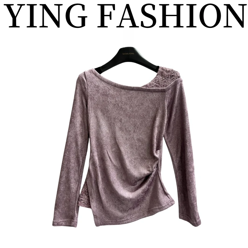 【YING FASHION】莹老板-时尚气质百搭蕾丝肩不规则上衣8110008 375