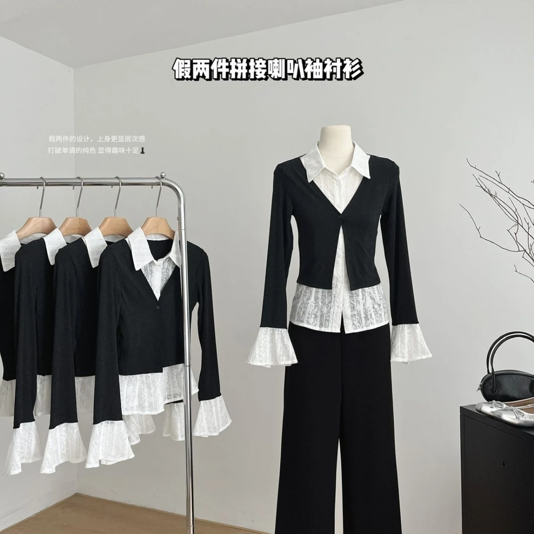 林夏夏 设计感假两件上衣深灰色针织衫拼接气质修身喇叭袖衬衫
