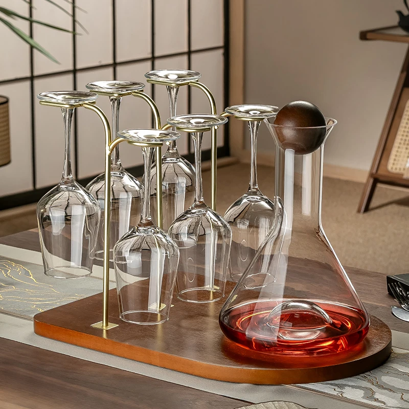 中式高档水晶玻璃红酒杯套装家用醒酒器一体架高颜值葡萄高脚杯子