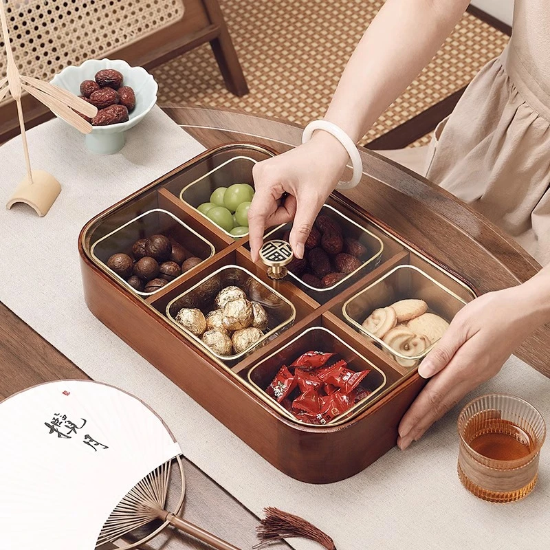 中式多层实木高档干果盘家用客厅零食坚果糖果点心收纳盒新年果盘