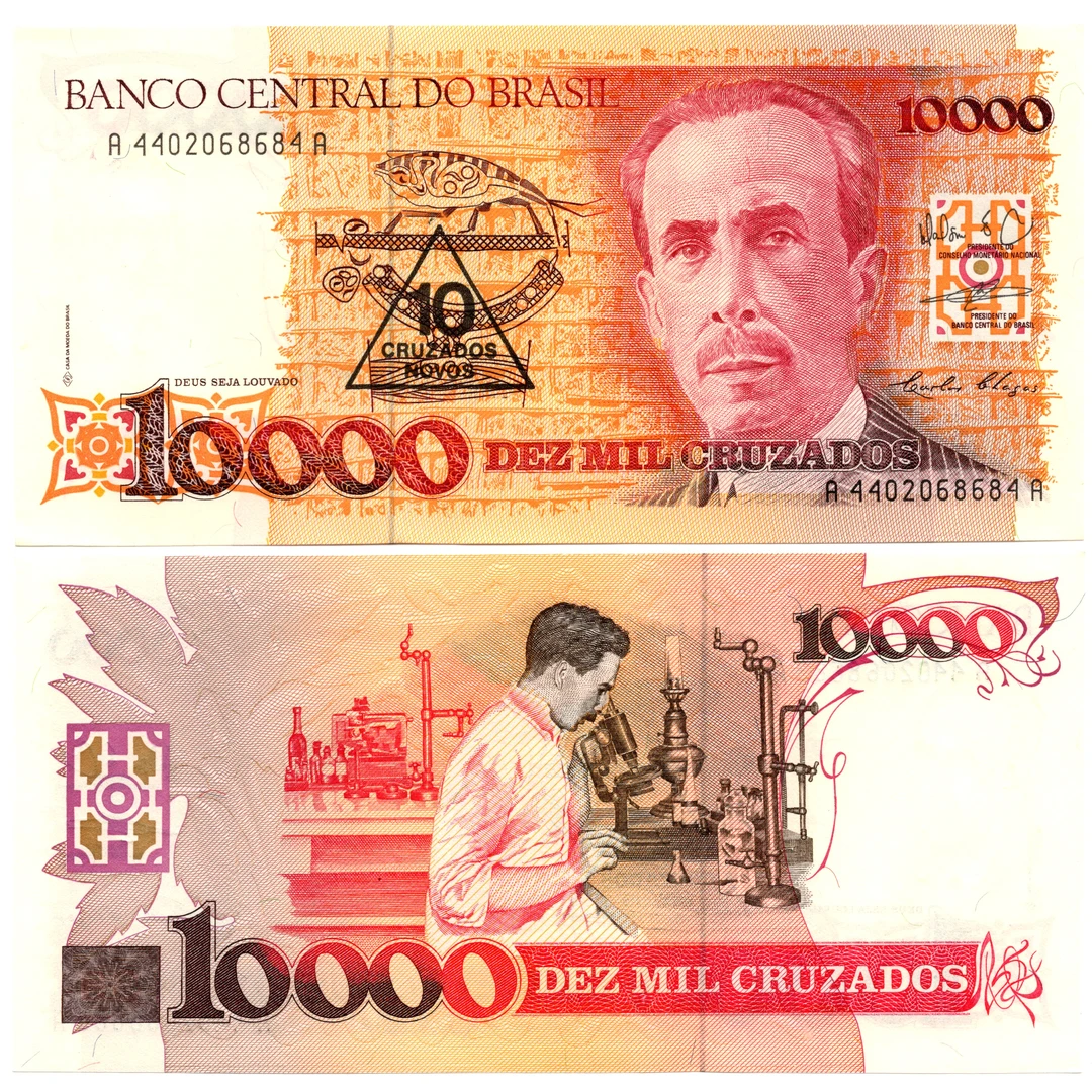 巴西10000克鲁扎多改值版全新UNC纸币老纸钞外国钱币收藏