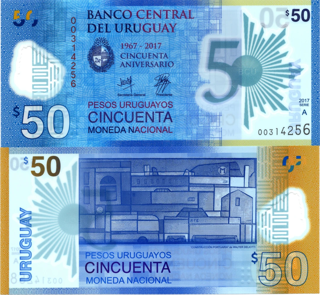 塑料钞乌拉圭50比索全新UNC纸币老纸钞外国钱币收藏