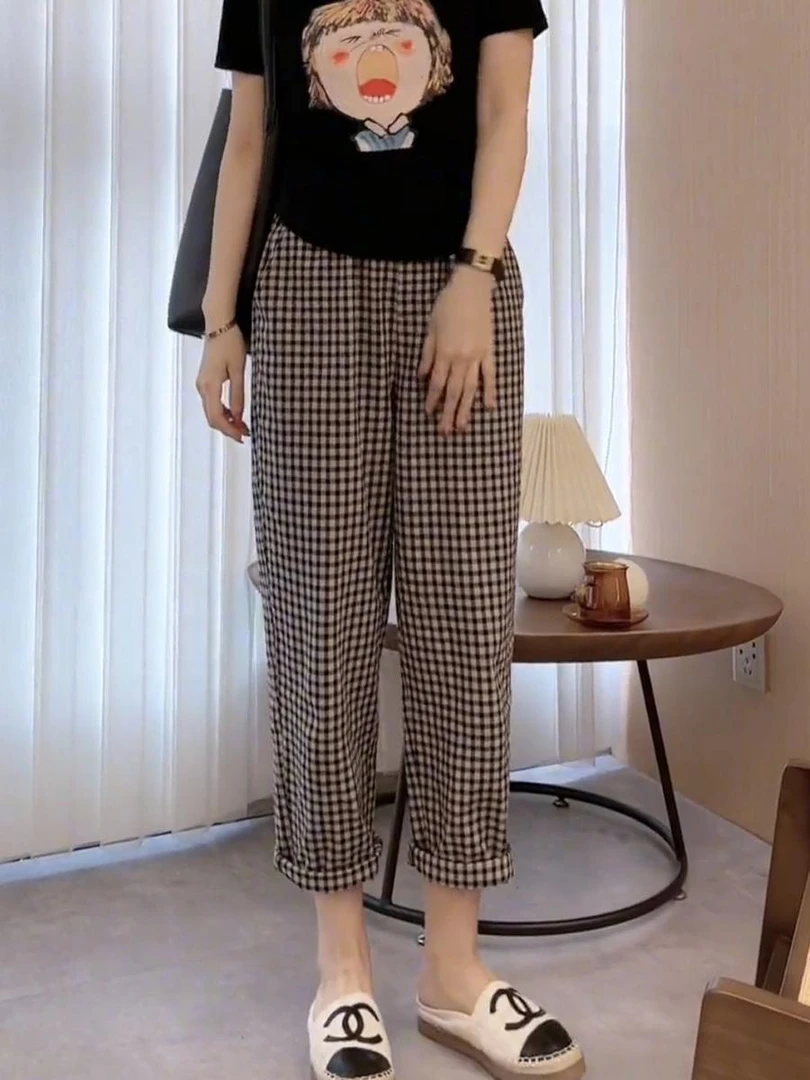 适合梨形身材微胖穿搭大码格子裤2024年夏季宽松显瘦薄款休闲裤女