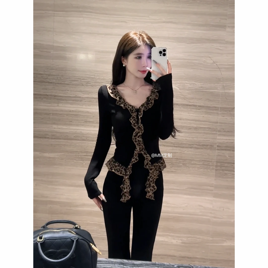 【流浪巴黎】2024秋冬新款法式豹纹拼接显瘦修身时尚套装A214