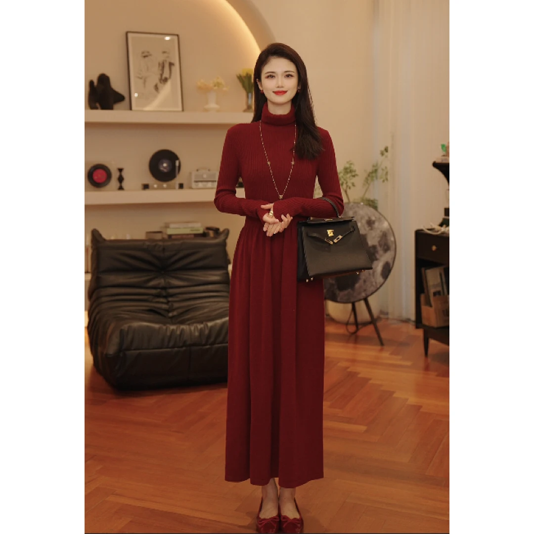 THE MENG【魅力-高领】绵羊毛长袖纯色针织打底连衣裙#M234G0003