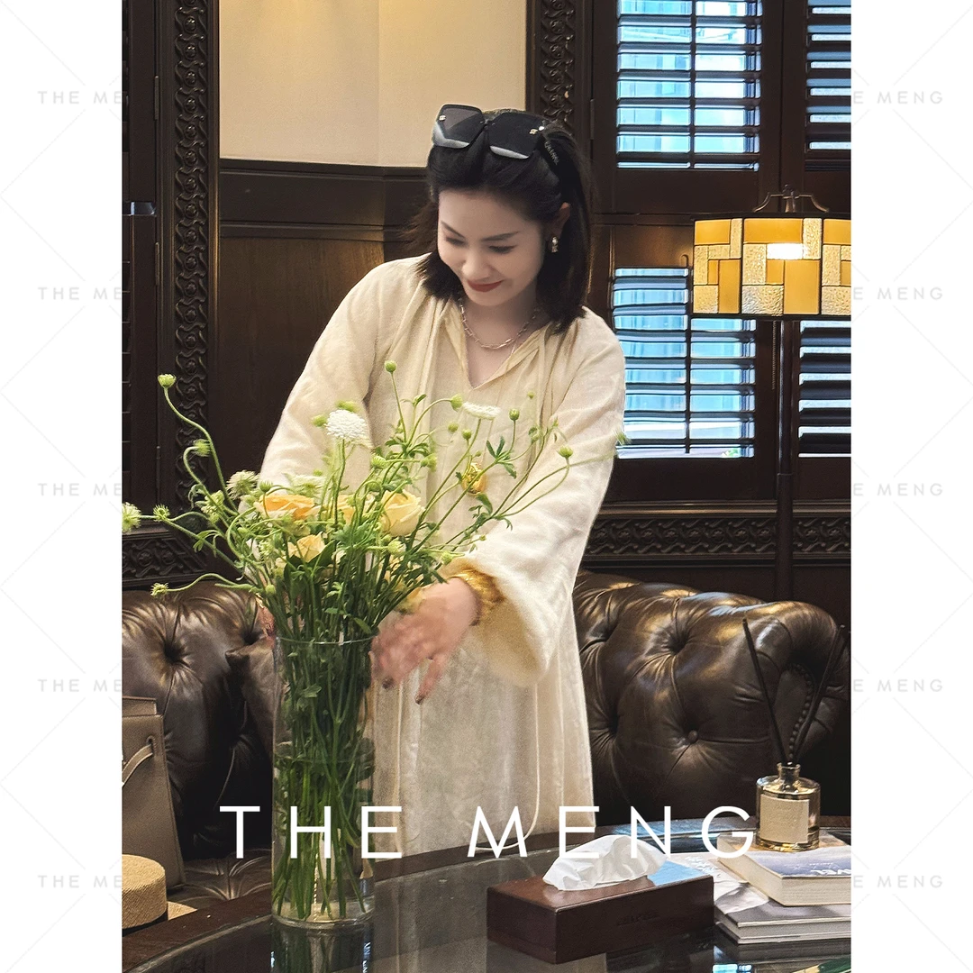 THE MENG【波漾】100亚麻阔版纯色宽松时尚百搭连衣裙#M243G0086