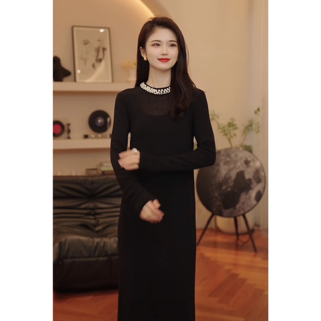 THE MENG【珠珠裙】绵羊毛圆领长袖纯色针织打底连衣裙#M244G0004