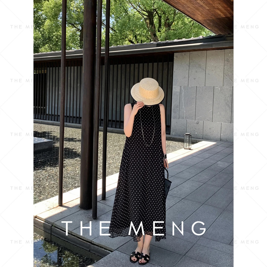 THE MENG【自由】【满天星】桑蚕丝8姆米无袖长款波点连衣裙#M242G206