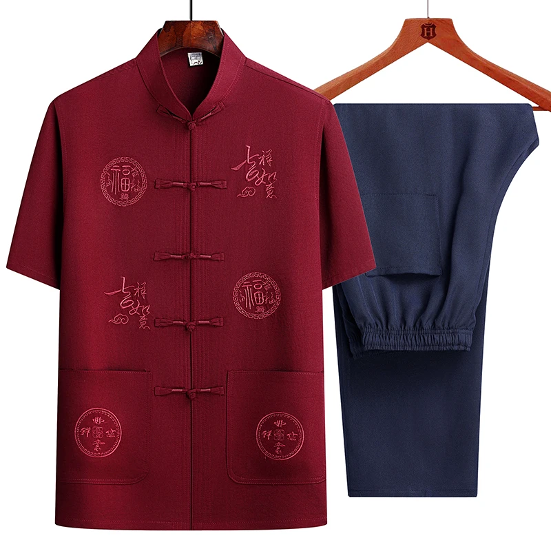 唐装男短袖休闲套装夏季中老年男装衬衫爷爷宽松衣服爸爸夏天衬衣