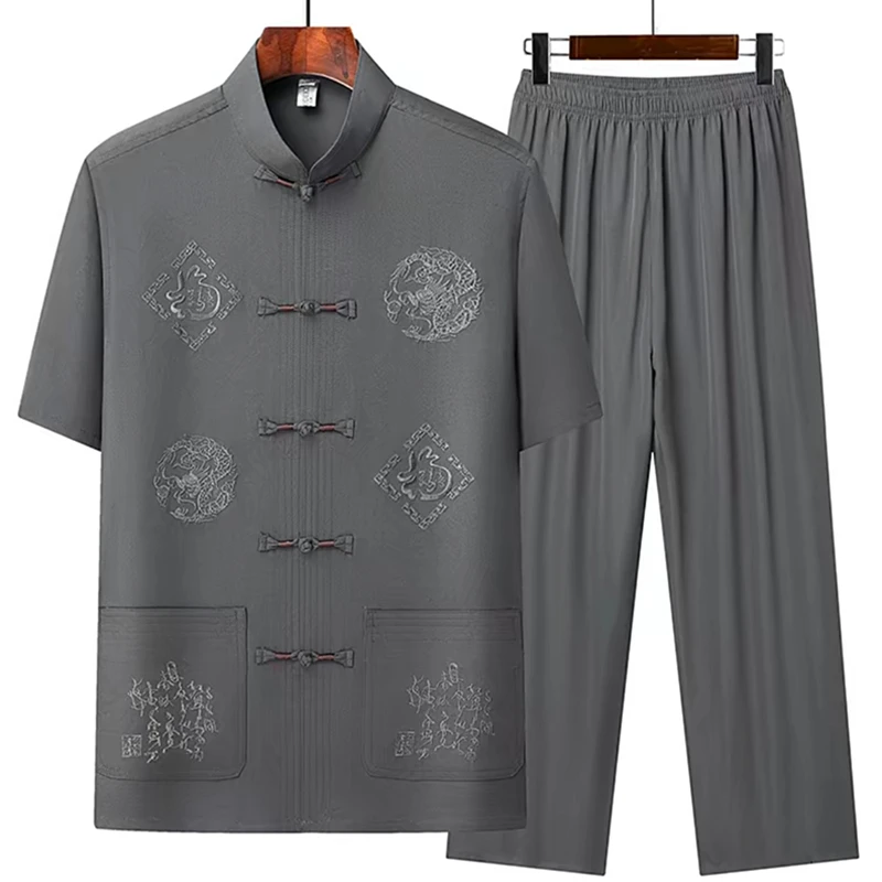 爸爸夏装短袖衬衫男士夏季套装中老年唐装爷爷衬衣老年人夏天衣服