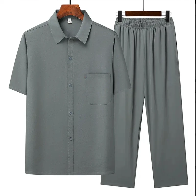 爸爸冰丝短袖衬衫男夏季套装中年男士薄款衬衣中老年父亲宽松衣服