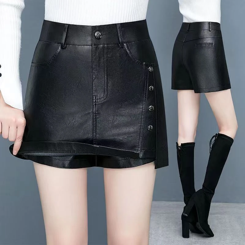 皮裙裤女高腰2024年秋冬新款显瘦外穿PU皮裙包臀半身裙短裙子短裤