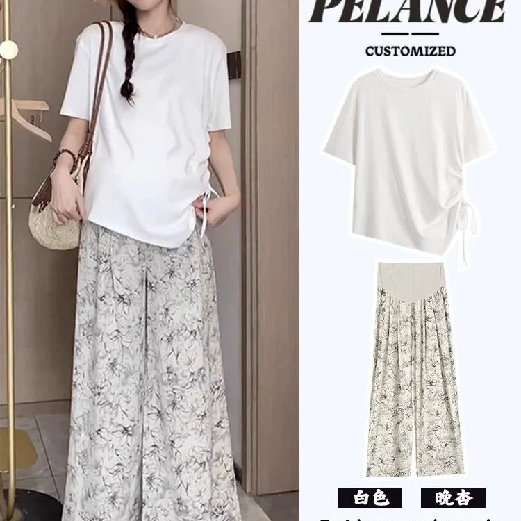 孕妇套装夏新款宽松显瘦设计感抽绳T恤水墨画阔腿托腹裙裤两件套