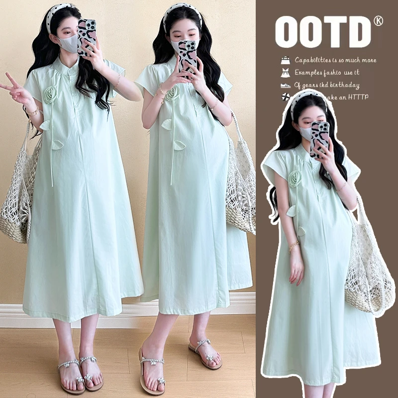 孕妇装夏季新中式国风精致薄荷曼波绿色连衣裙高级感宽松显瘦裙子