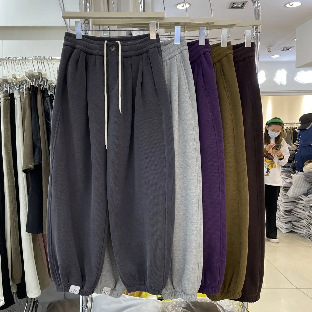 欧洲站宽松大版加绒卫裤女2024冬季新款束脚阔腿裤加厚哈伦运动裤