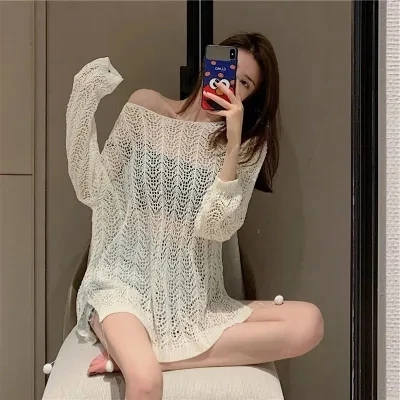 韩版镂空薄款上衣女夏季宽松薄款慵懒风长袖防晒针织罩衫中长款
