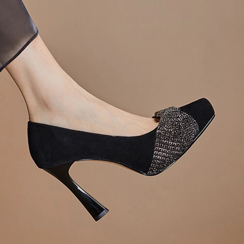 绒面气质水钻单鞋春季新款防水台粗跟高跟鞋时尚尖头浅口上班鞋子