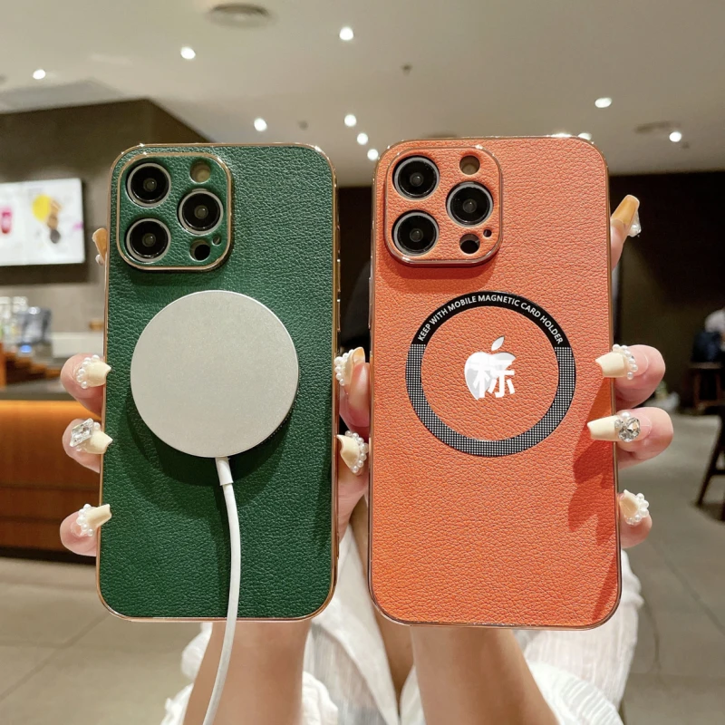 荔枝皮纹磁吸电镀壳适用苹果15-12保护壳高端优质荔枝皮革强磁吸