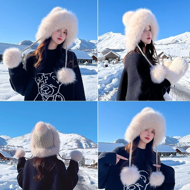 秋冬新款狐狸毛皮草雷锋帽针织加绒毛线帽甜美可爱护耳保暖女帽
