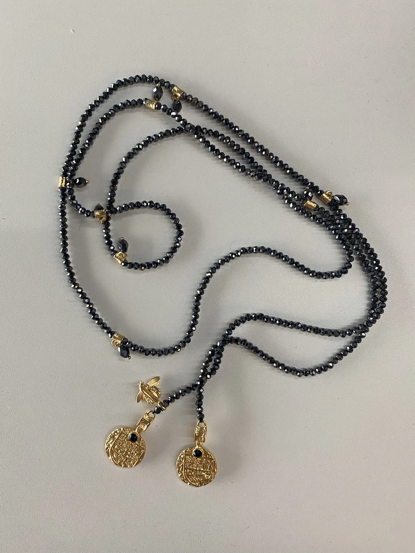 铜合金仿水晶项链 时尚设计师款简约百搭水晶金色黑色超长项链