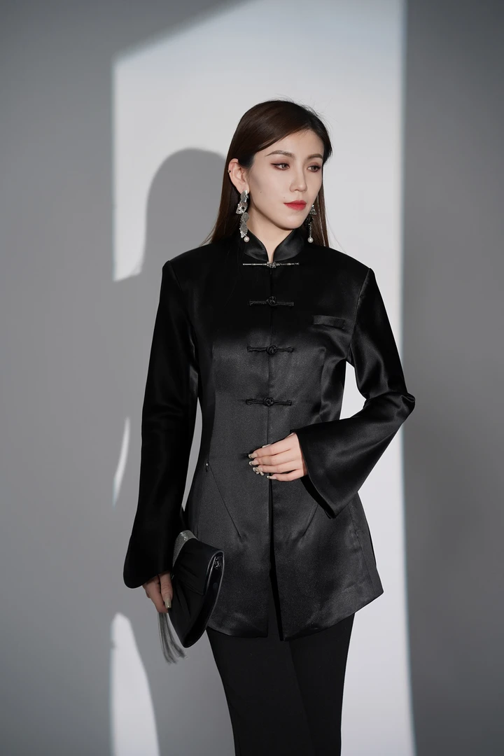 设计师款新国风银扣小长款盘扣网红黑色西装复古气质长袖时尚外套
