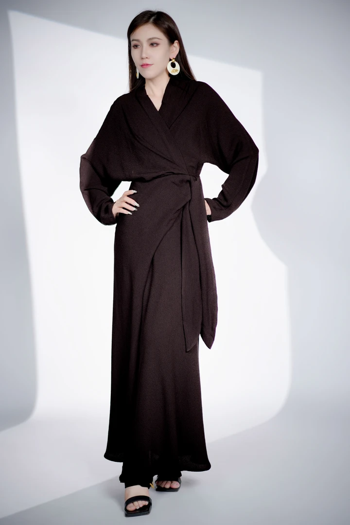 秋季新款长袖围裹飘逸收腰显瘦气质时尚醋酸女装连衣裙