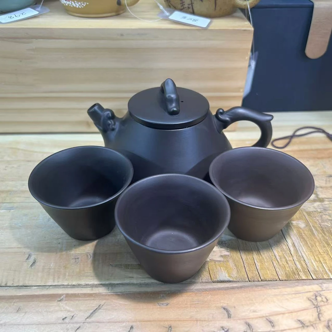 GF142紫砂石瓢乌泥茶壶带三个茶杯