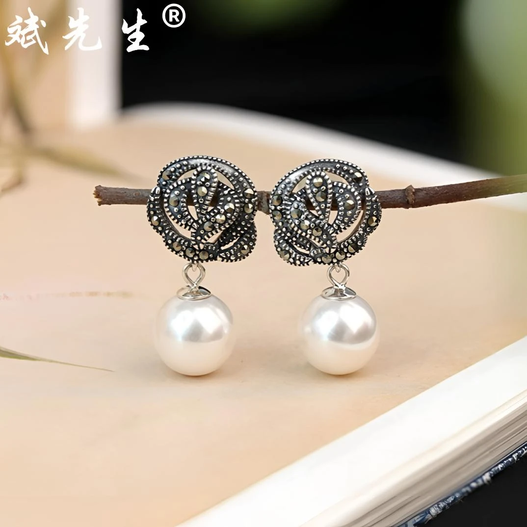 925银仿珍珠耳饰 【斌先生】925银玫瑰花耳钉 马赛克泰银复古民族风