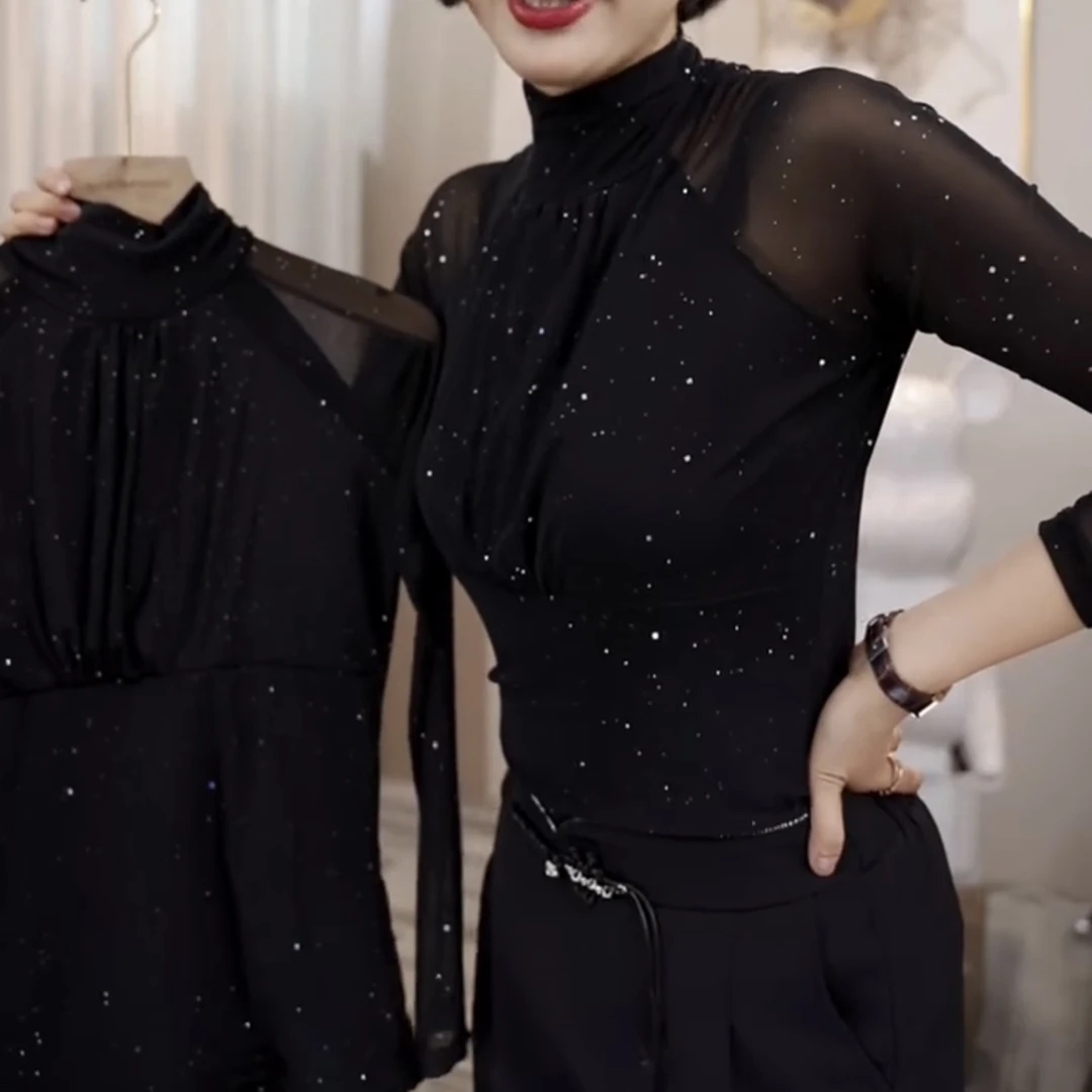 4811高档法式复古网纱满天星打底衫洋气长袖上衣
