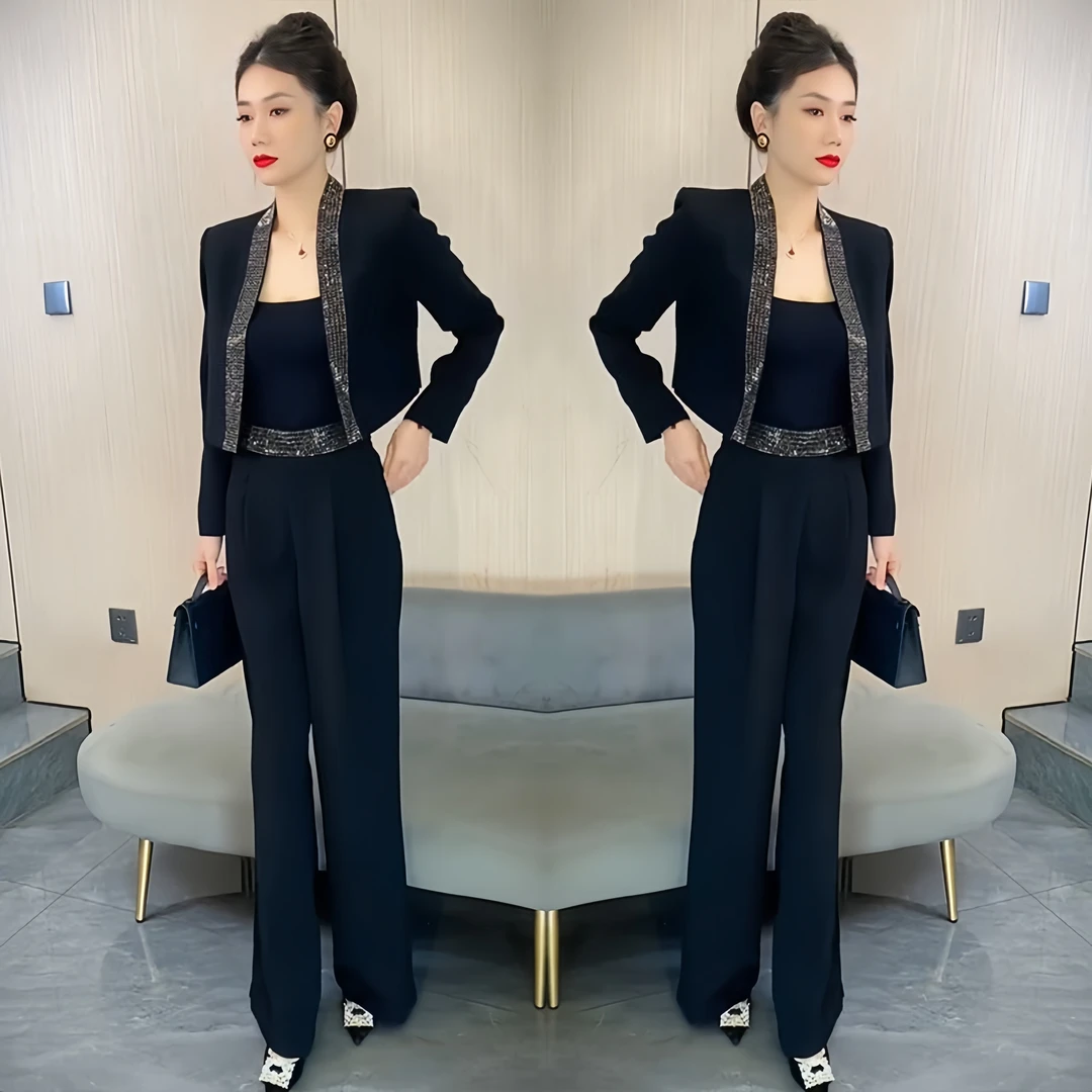 4081西装显瘦阔腿裤气质时尚休闲女装套装西装显瘦套装阔腿裤