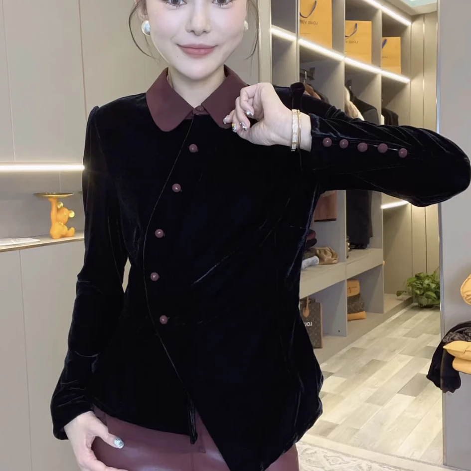 4725纯色金丝绒衬衫女秋季新款显瘦气质长袖上衣