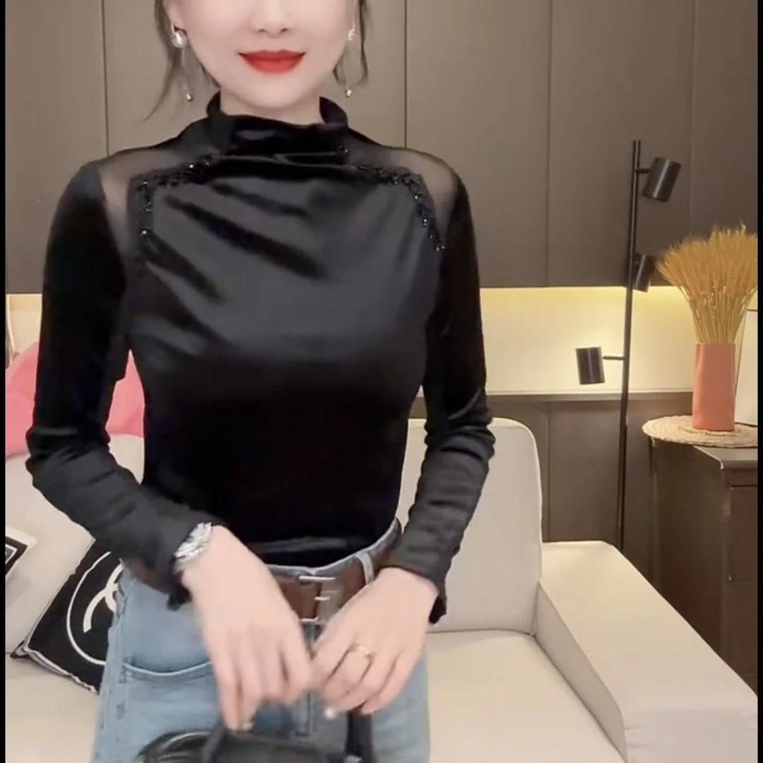 4810气质丝绒拼接钉钻网纱长袖T恤女修身显瘦打底上衣性感显瘦