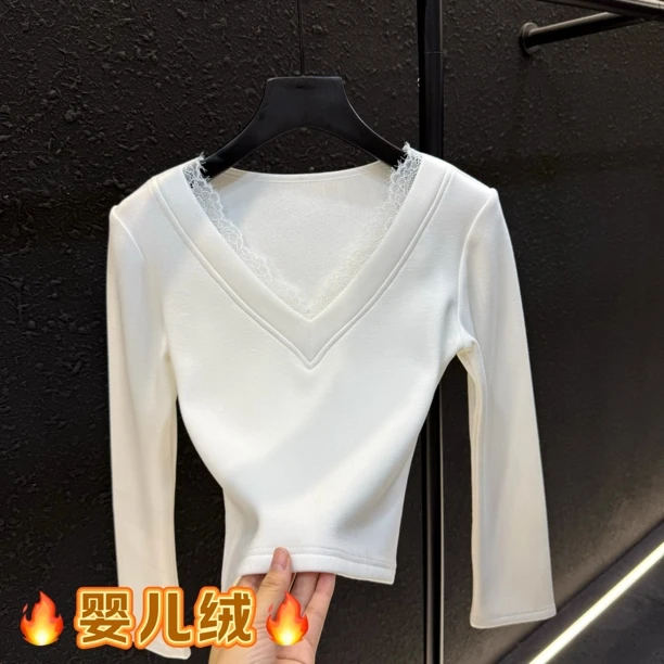 V领蕾丝露锁骨短款打底衫女冬季韩版修身显瘦加绒长袖T恤上衣8398