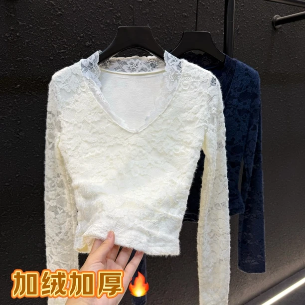 辣妹纯欲蕾丝v领长袖t恤女秋冬季修身内搭加绒打底衫上衣8332#