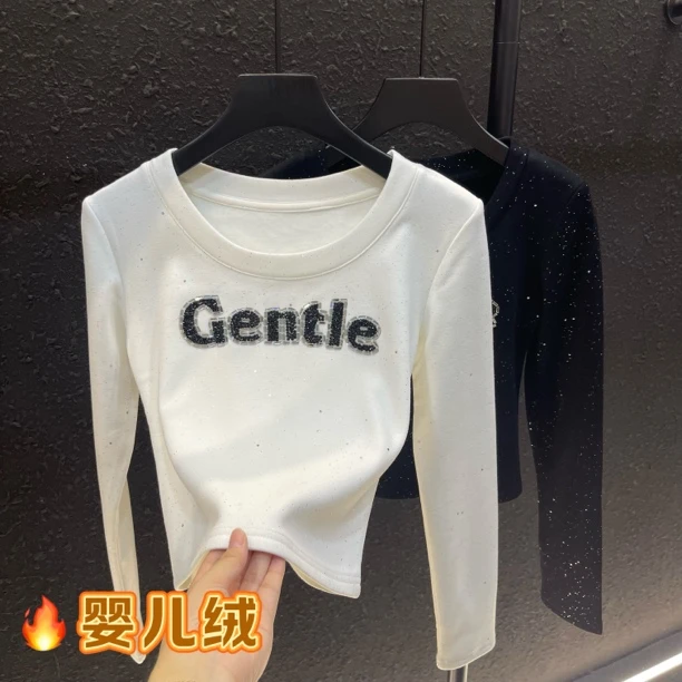 烫钻字母打底衫女内搭婴儿绒秋冬新款长袖t恤加绒短款上衣9345#