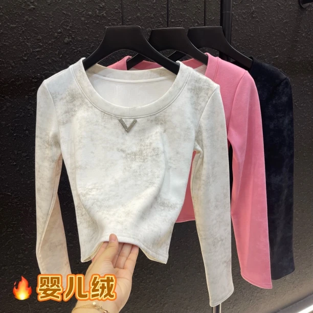 字母打底衫女内搭外穿婴儿绒秋冬新款长袖t恤加绒短款上衣9337#