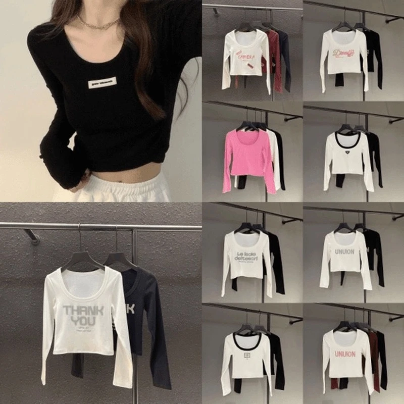 【长袖集合351-399】2025新款短款长袖T恤女修身显瘦时尚潮辣妹