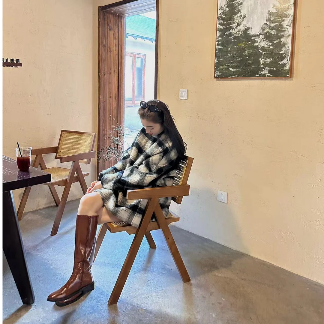 【Caya】小众设计师款圆领时尚黑白格宽松百搭休闲秋冬简约双面大衣