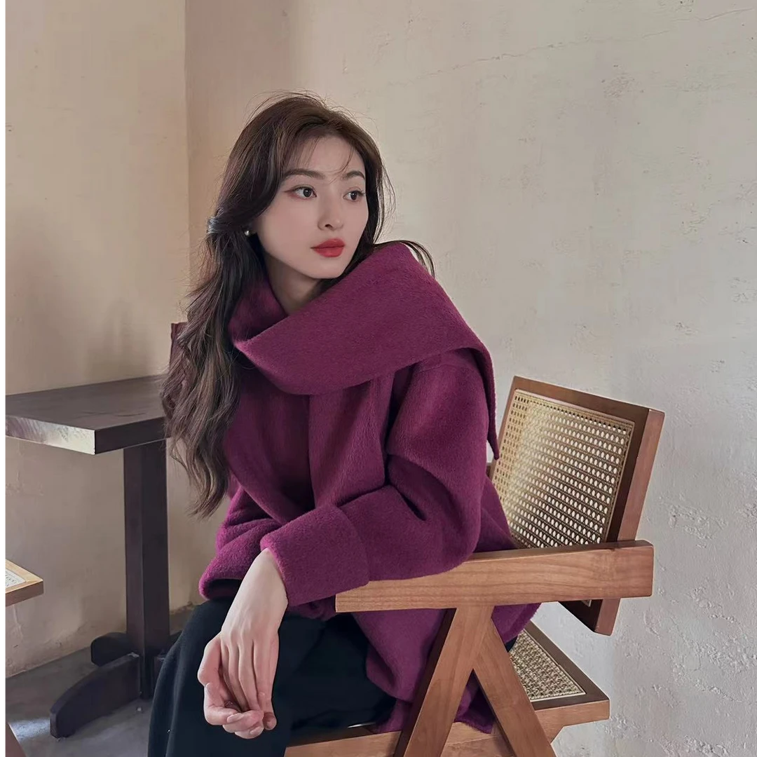 【Caya】乌梅子酱高定配色短款气质百搭显白小围巾短款双面呢大衣