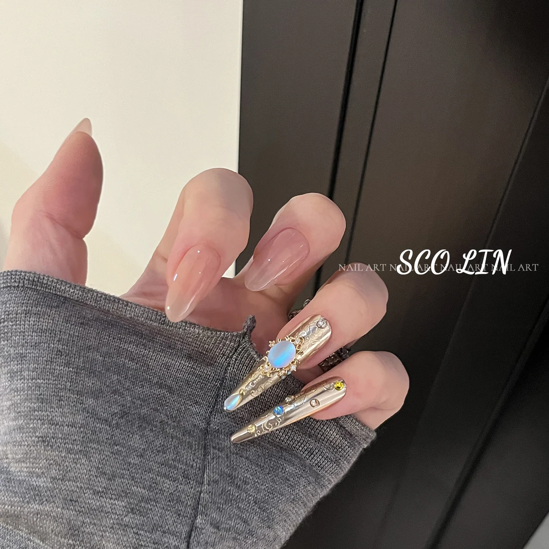 ScoLin【宫廷护甲】金面水滴蓝钻 施华洛手工定制穿戴甲细长尖