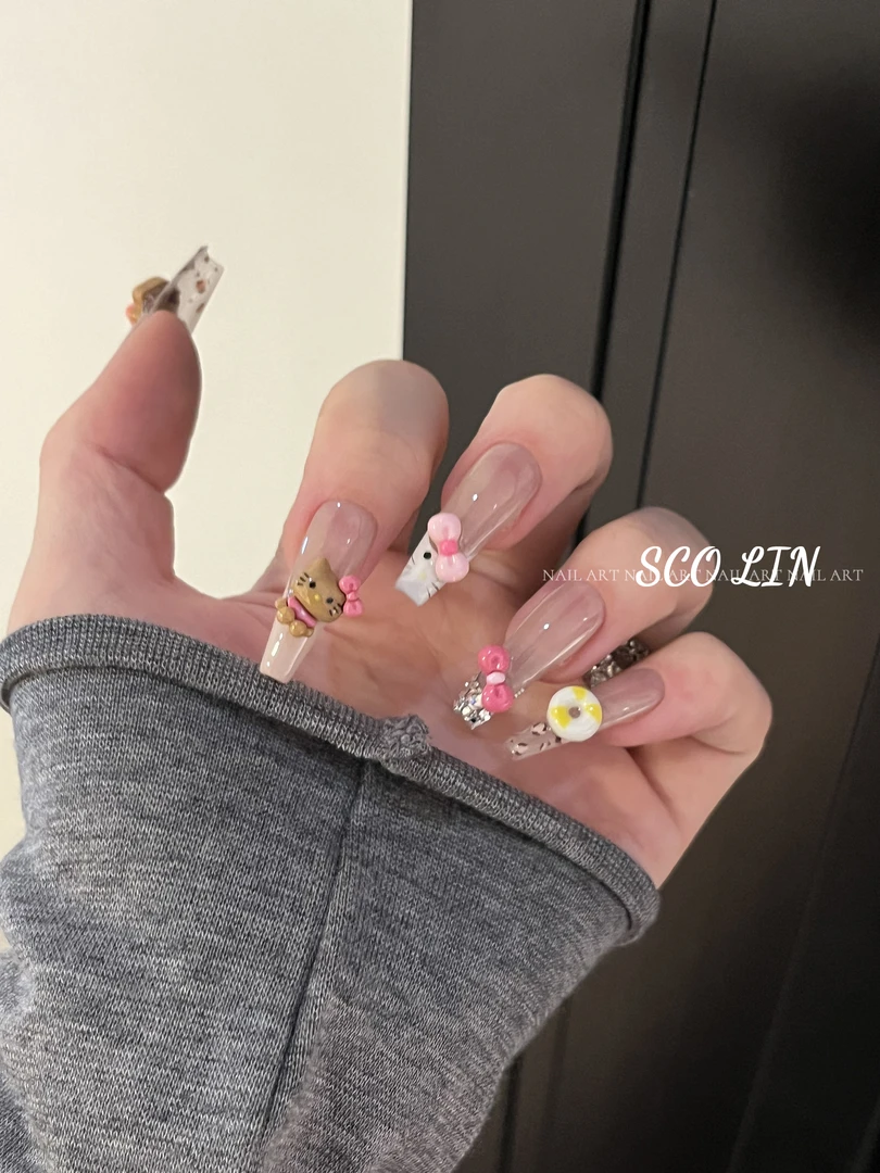 ScoLin【黑皮Kitty】豹纹法式线条 施华洛超长芭蕾手工定制穿戴甲