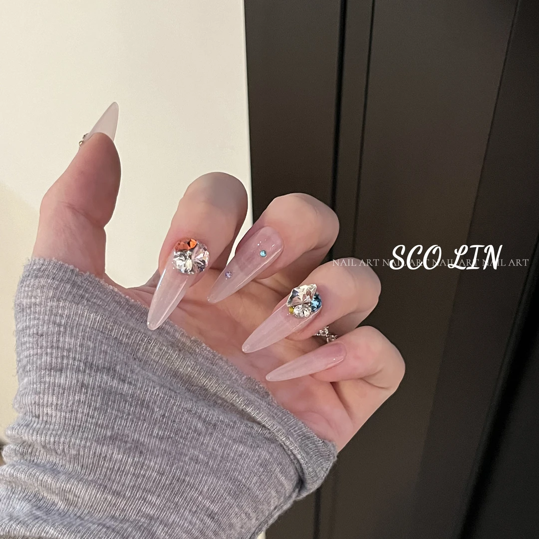 ScoLin【恋夏】日式手工定制美甲ins闪裸色钻球长水滴穿戴甲