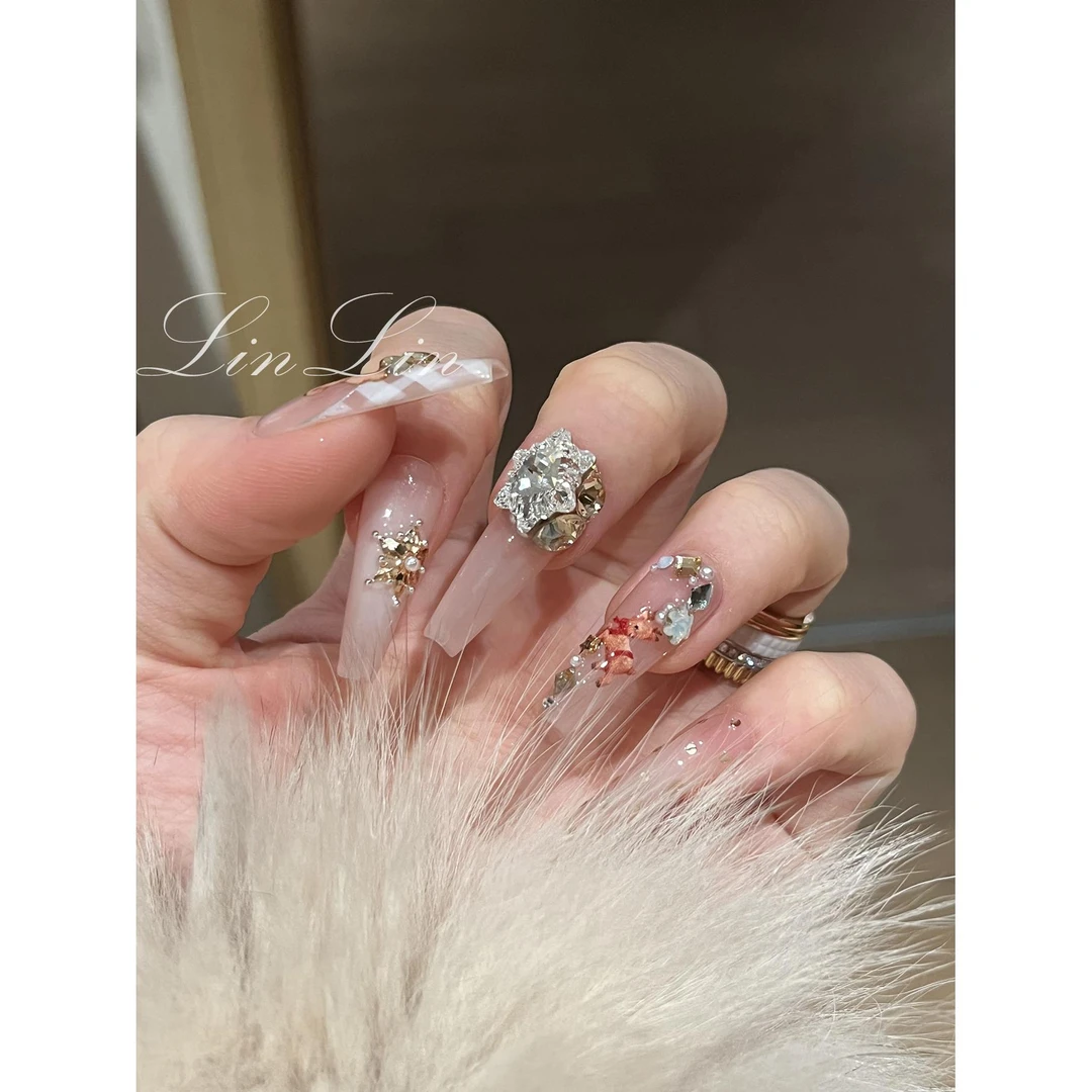 ScoLin【圣诞熊熊】手工定制穿戴甲雪花格纹熊施华洛钻球超长芭蕾