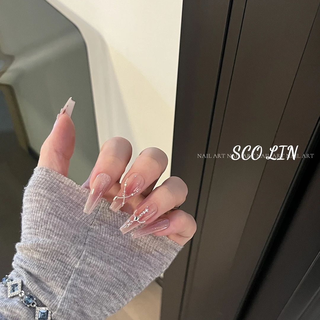 ScoLin【一秒心动】腮红链条猫眼施华洛手工定制美甲长芭蕾穿戴甲