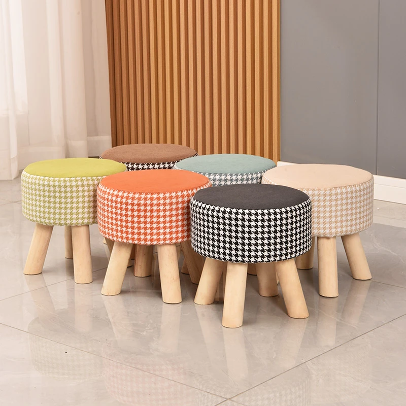 实木家用小凳子创意茶几凳网红矮板凳入户换鞋凳千鸟格沙发脚踏凳